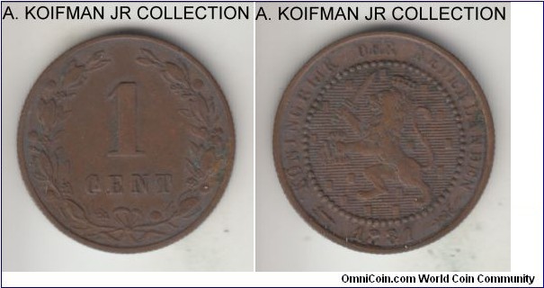 KM-107.1, 1881 Netherlands cent; bronze, reeded edge; Willem III, common year, brown fine to very fine.
