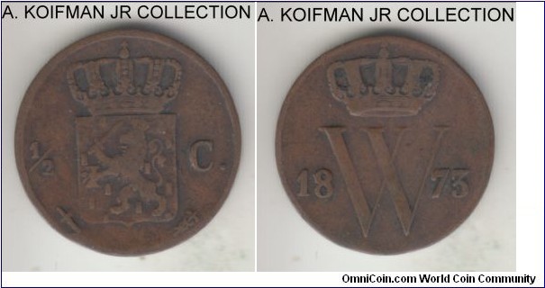 KM-90, 1873 Netherlands 1/2 cent; copper, plain edge; William III, brown average circulated fine or almost.
