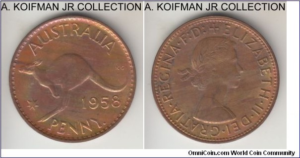 KM-56, 1958 Australia penny, Perth mint (dot after PENNY); bronze, plain edge; Elizabeth II, red brown, average uncirculated.