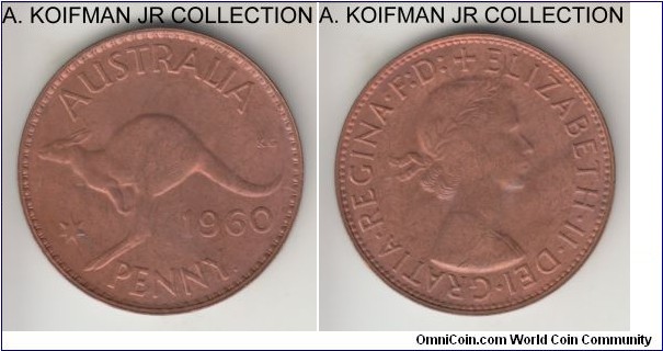 KM-56, 1960 Australia penny, Perth mint (dot after PENNY); bronze, plain edge; Elizabeth II, light brown uncirculated.