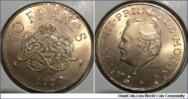 10 Francs (Principality of Monaco / Prince Rainier III // Copper-Aluminium-Nickel / Mintage: 190.500 pcs) 