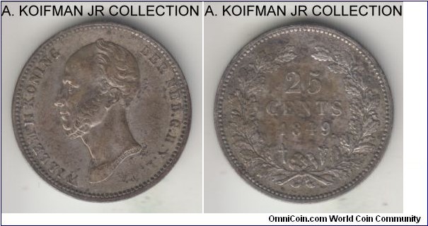 KM-76, 1849 Netherlands 25 cents; silver, reeded edge; Willem II, with dot after ate, darker toned extra fine or almost.