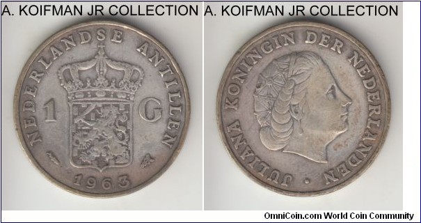 KM-2, 1963 Netherlands Antilles gulden; silver, incuse reeded edge; Juliana, smaller mintage of 100,000, very fine or so.