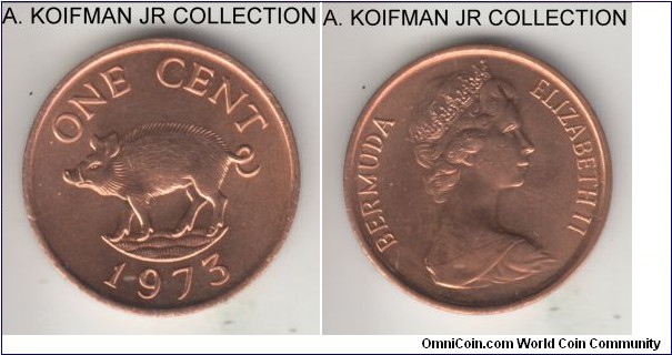 KM-15, 1973 Bermuda cent; bronze, plain edge; Elizabeth II, red uncirculated.