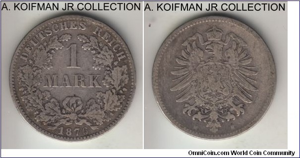 KM-7, 1876 Germany (Empire) mark, Darmstadt mint (H mint mark); silver, reeded edge; Wilhelm I, early post-unification, average circulated.
