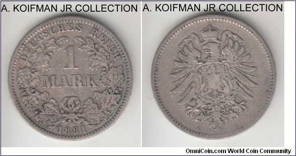 KM-7, 1881 Germany (Empire) mark, Dresden mint (E mint mark); silver, reeded edge; Wilhelm I, fine or so, cleaned.