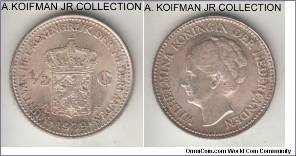 KM-160, 1929 Netherlands 1/2 gulden; silver, reeded edge; Wilhelmina, 3 diadem pearls under GI, uncirculated.