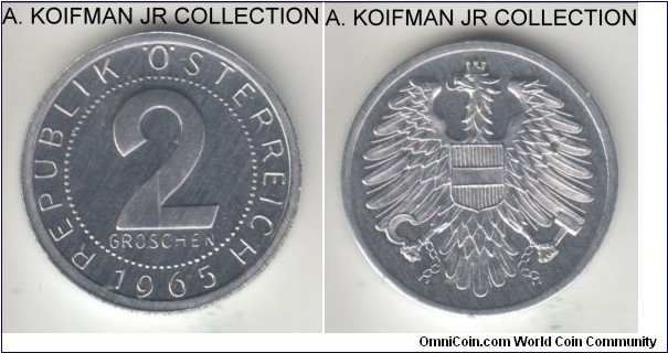 KM-2876, 1965 Austria 2 groschen; proof, aluminum, plain edge; bright uncirculated from one of the numerous proof sets.