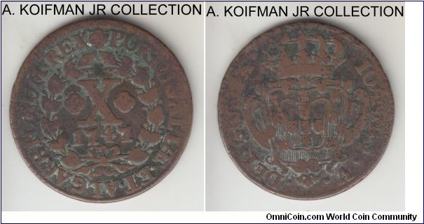 KM-227, 1747 Portugal 10 reis; copper, plain edge; Joao V, well circulated, good or so.