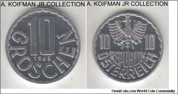 KM-2878, 1965 Austria 10 groschen; proof, aluminum, plain edge; bright uncirculated from one of the mint proof sets.