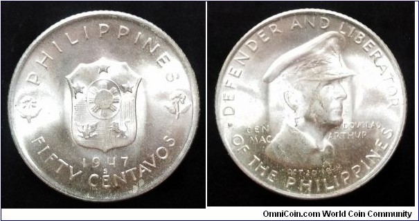 Philippines 50 centavos. 1947, Gen. Douglas MacArthur. Ag 720. Weight; 10g. Diameter; 27,5mm. San Francisco Mint. Mintage: 200.000 pcs.