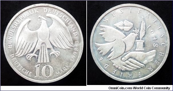 Germany 10 mark. 1998, 350th Anniversary end of 30 Years War - Peace of Westphalia. Ag 925. Weight; 15,5g. Diameter; 32,5mm.