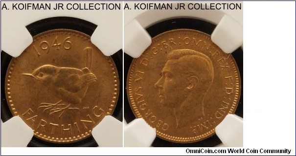 KM-843, 1946 Great Britain farthing; bronze, plain edge; George VI, NGC graded MS 64 RD.