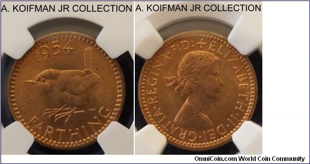 KM-895, 1954 Great Britain farthing; bronze, plain edge; early Elizabeth II issue, NGC graded, MS 65 RD.