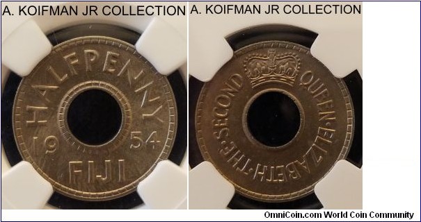 KM-20, 1954 Fiji half penny; copper-nickel, plain edge; Elizabeth II, NGC graded MS 65.