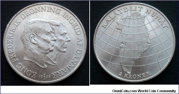 Denmark 2 kroner. 1953, Frederik XI. Foundation for the Compaign against Tuberculosis in Greenland. Ag 800. Weight; 15g. Diameter; 31mm. Mintage: 152.000 pcs.