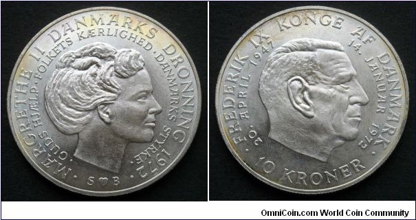 Denmark 10 kroner. 1972, Death of Frederik IX and Accession of Margrethe II. Ag 800. Weight; 20,5g. Diameter; 36mm. 