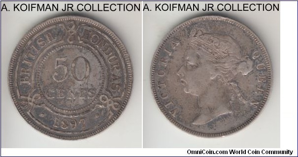 KM-10, 1897 British Honduras 50 cents; silver, reeded edge; Victoria, typically small mintage of 20,000 and scarce, very fine with good details and very strong rims, most likely cleaned some time ago.