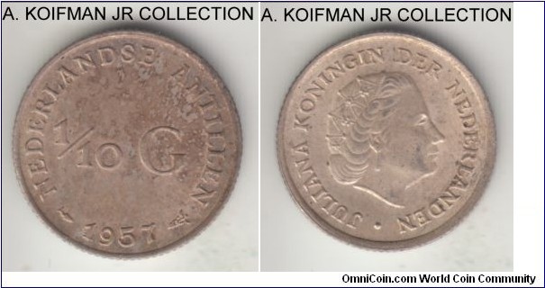KM-3, 1957 Netherlands Antilles 1/10 gulden; silver, reeded edge; Juliana, uncirculated or almost, uneven toning.