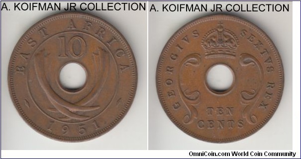 KM-34, 1952 East Africa 10 cents, Royal mint (no mint mark); bronze, plain edge; George VI last type, brown average uncirculated.