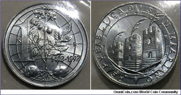 1 Lira (Republic of San Marino / 500th Anniversary of Colombus Discovery of America 1492-1992 // Aluminium / Low Mintage: 36.000 pcs)