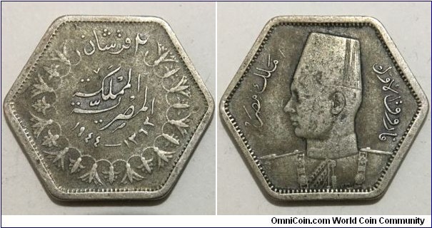 2 Piastres / Qirsh (Kingdom of Egypt / King Farouk I // SILVER 0.500 / 2.8g / ⌀21mm) 