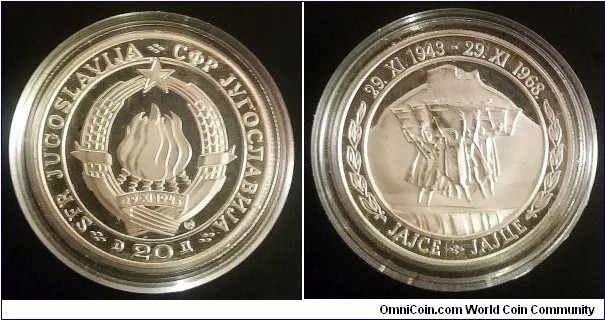 Yugoslavia 20 dinara. 1968, 25th Anniversary of Republic. Ag 925. Weight; 9g. Diameter; 28mm. Proof. Mint mark NI - Numismatica Italiana (Milano, Italy)