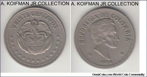 KM-215.1, 1959 Colombia 20 centavos; copper-nickel, reeded edge; good very fine or so, 9 in the date is angled with what looks like re-cut date die.