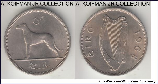 KM-13a, 1968 Ireland 6 pence; copper-nickel, plain edge; late Republican pre-decimal coinage, choice uncirculated.