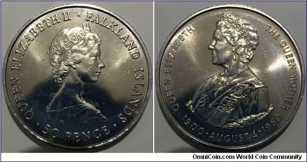 50 Pence (Falkland Islands - British Overseas Territory / Queen Elizabeth II / 80th Anniversary of the Queen Mother // Copper-Nickel)