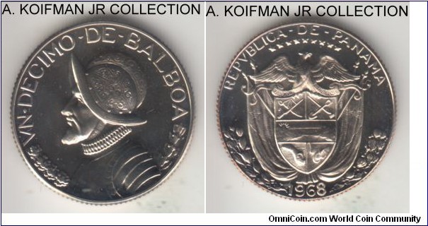 KM-10, 1968 Panama 1/10 balboa, San Francisco mint; copper-nickel clad copper, reeded edge; minted for proof sets with mintage of 23,000 (Krause) or 43,193 (Numista), brilliant gem proof.