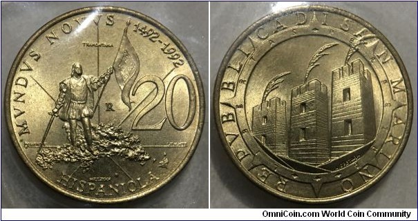 20 Lire (Republic of San Marino / 500th Anniversary of Colombus Discovery of America 1492-1992 // Aluminium-Bronze / Low Mintage: 45.000 pcs)