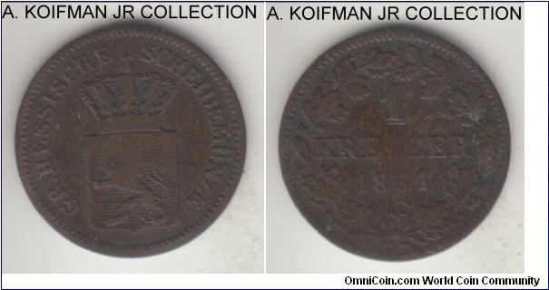 KM-339, 1861 German State Hesse-Darmstadt kreuzer; silver, plain edge; Grand Duke Ludwig III, pre-unification type and common, well circulated, dark as common for circulated low silver content coins, very good or so.