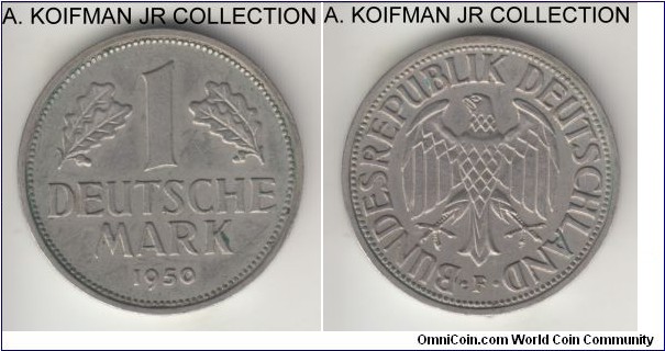 KM-110, 1950 Germany (Federal Republic) mark, Stuttgart mint (F mint mark); copper-nickel, ornamented edge; extra fine or almost.