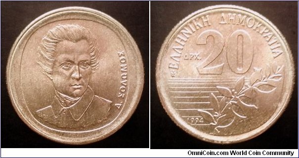 Greece 20 drachmes. 1994, Dionysios Solomos.