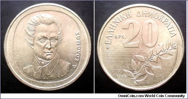 Greece 20 drachmes. 1998, Dionysios Solomos.