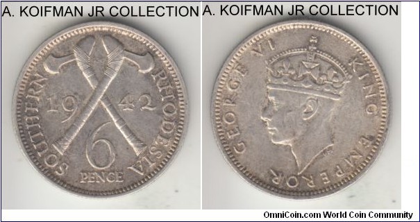 KM-17, 1942 Southern Rhodesia 6 pence; silver, reeded edge; George VI, extra fine or so.