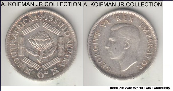 KM-27, 1943 South Africa 6 pence; silver, reeded edge; George VI, common year, fine or so.