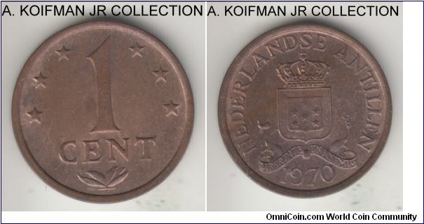 KM-8, 1970 Netherlands Antilles cent; bronze, plain edge; Juliana, red brown almost uncirculated.