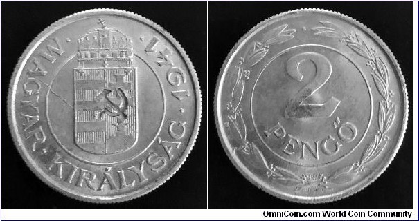 Hungary 2 pengo 1941 with sickle and hammer counterstamp on obverse.