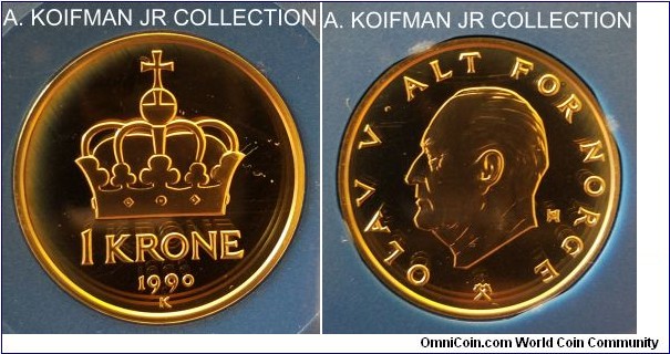 KM-419, 1990 Norway krone; proof, copper-nickel, plain edge; Olav V, proof coin in cassette of issue, light toning around the reverse edge.