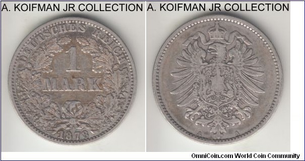 KM-7, 1878 Germany (Empire) mark, Berlin mint (A mint mark); silver, reeded edge; Wilhelm I, very fine or about.