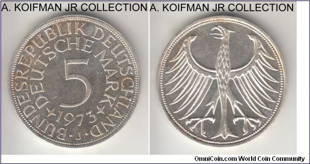 KM-112.1, 1973 Germany 5 marks, Hamburg mint (J mint mark); silver, lettered edge; circulation issue, choice uncirculated with proof like surfaces.