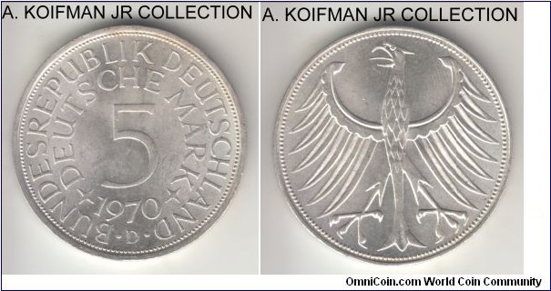KM-112.1, 1970 Germany 5 marks, Munich mint (D mint mark); silver, lettered edge; circulation issue, white choice uncirculated.