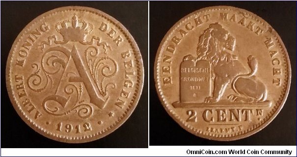 Belgium 2 centimes. 1912, Albert I. Dutch text. Copper. Weight; 4g. Diameter; 21,5mm. Mintage: 1.601.341 pcs.