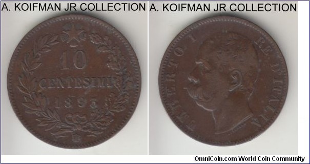 KM-27.1, 1893 Italy (Kingdom) 10 centesimi, Birmingham mint (BI mint mark); copper, plain edge; Umberto I, common circulation 2-year type, very fine details, grime and cleaned.