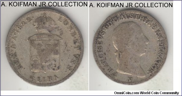 C-4.3, 1822 Italian States Lombardy-Venetia 1/4 lira, Venice mint (V mint mark); silver, plain edge; Franz I, Austrian emperor, very good or so details, edge filed removing the jewelry loop.