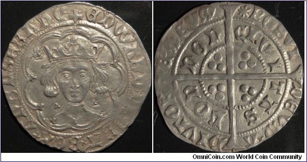 AR Groat Edward IV (light coinage). Struck 1469-1470 M/M  Long Crucifix /  Sun. Obv legend:  EDWARD DI GRA REX ANGL Z FRANC ( Edward by the Grace of God King of England and France). Rev: POSVI DEVM ADIVTOREM MEVM
CIVITAS LONDON (I have made God my helper
City of London). Found in Sherdington Glds in 1983. Sp#2003. NGC AU-53