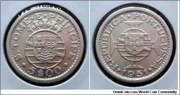 Sao Tome and Principe 5 escudos. 1951, Portugal administration. Ag 650. Weight; 7g. Diameter; 25mm. Mintage: 72.000 pcs.