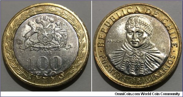100 Pesos (Republic of Chile // Bimetallic: Nickel Brass centre - Copper-Aluminium-Nickel ring) 